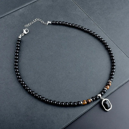 Stainless Steel Tiger Eye and Black Crystal Pendant Necklace for Men – Fashionable Natural Stone Beaded Strand Jewelry