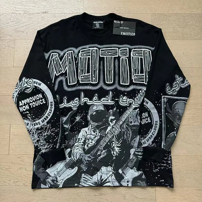 MIXED EMOTION Alien Print Long Sleeve T-Shirt - Unisex Oversized Hip Hop Crewneck Top
