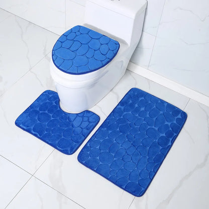 Toilet Seat Cover 3Pcs Set: Anti-Slip Bath Mat & Absorbent Rug - Enhance Bathroom Decor with Pebbles Bathtub Design, Shower Room Floor Carpet
