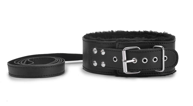 Plush-Lined BDSM Leather Collar & Leash Set - Adjustable Adult Bondage Restraint Accessory