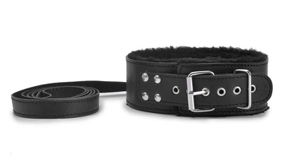 Plush-Lined BDSM Leather Collar & Leash Set - Adjustable Adult Bondage Restraint Accessory