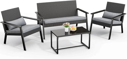4-Piece Wicker Patio Furniture Set with Cushions & Table – Outdoor Seating for Balcony, Backyard & Porch