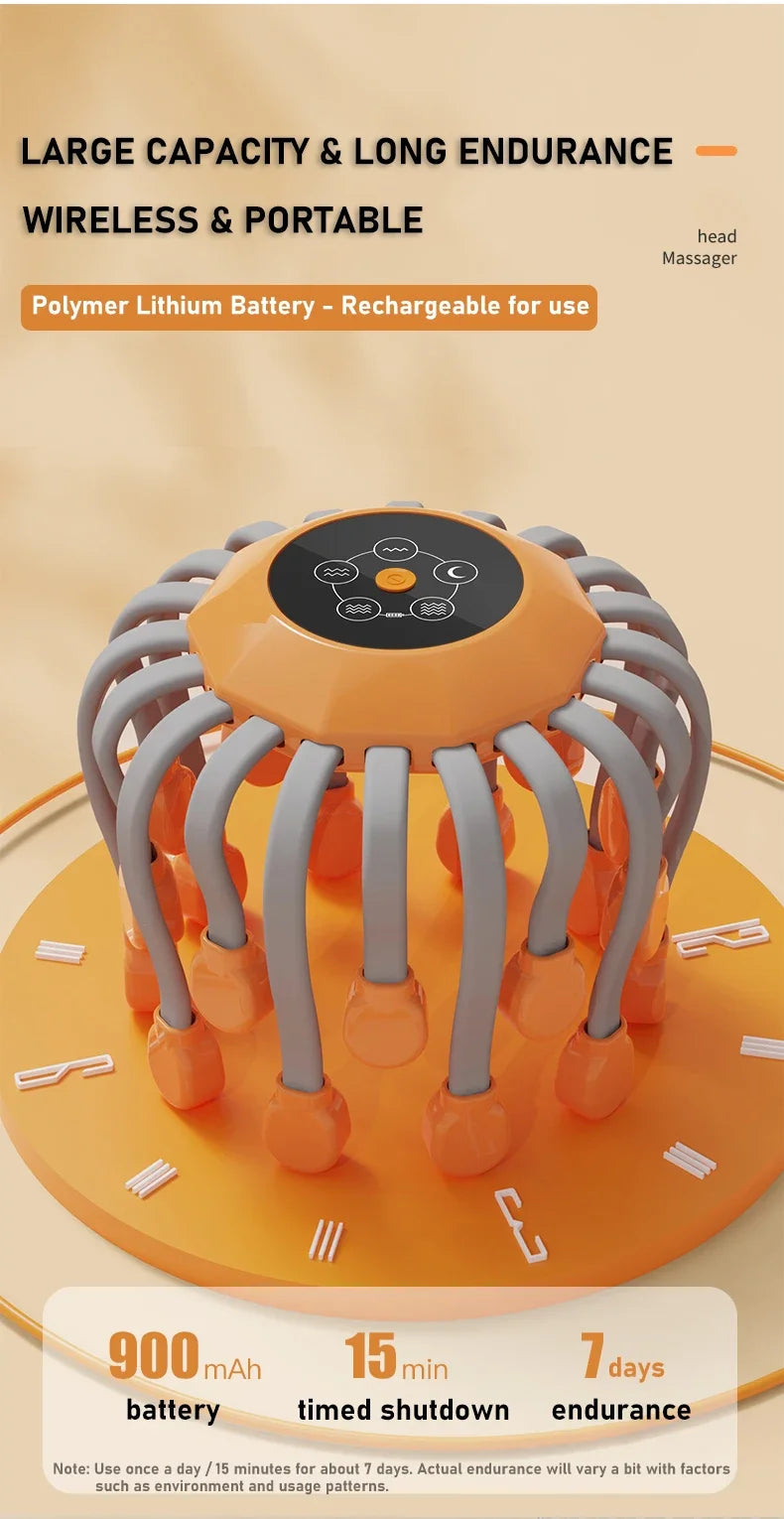 20-Head Orange Scalp Massager – Red Light Vibrating Octopus Scratcher for Relaxation, Stress Relief & Migraine Relief