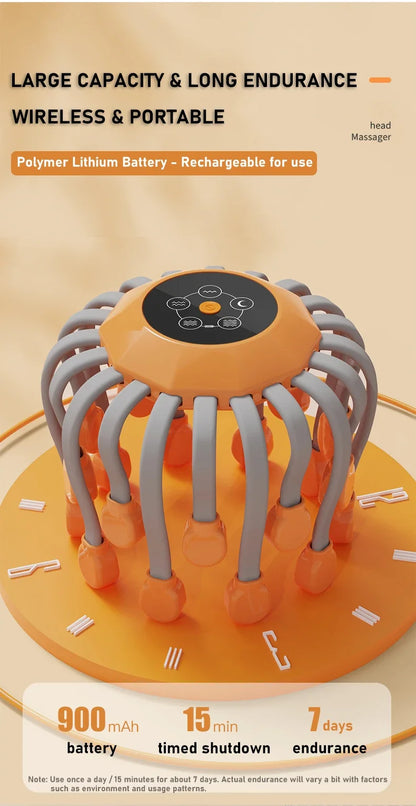 20-Head Orange Scalp Massager – Red Light Vibrating Octopus Scratcher for Relaxation, Stress Relief & Migraine Relief