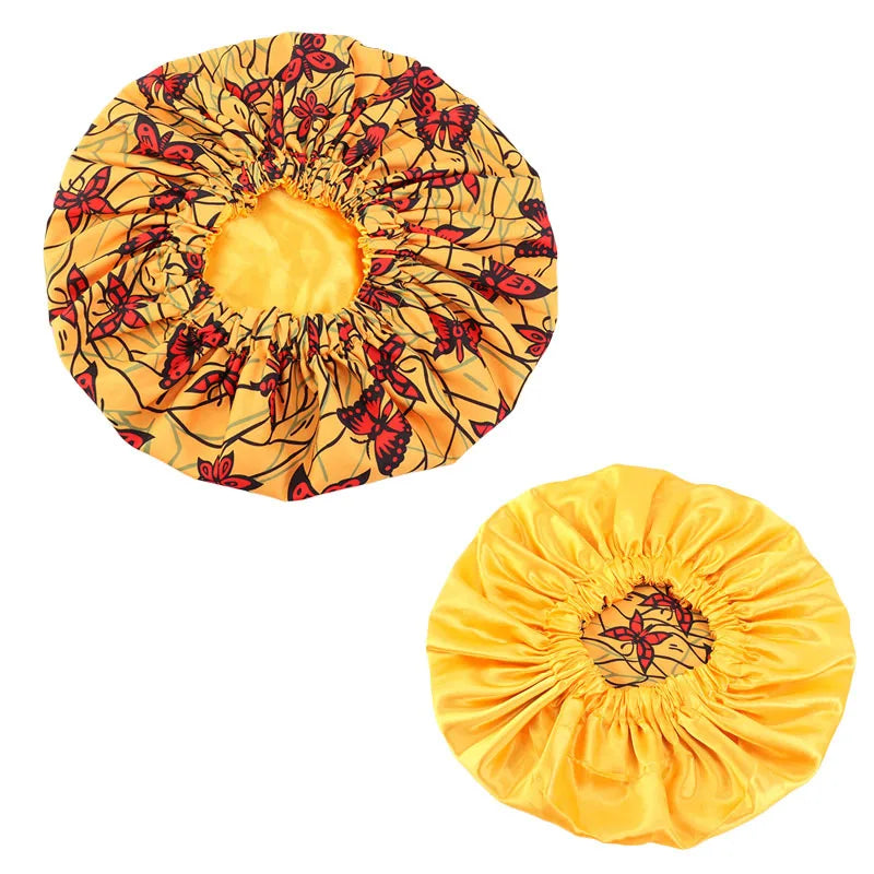 Women’s Double-Layer Satin Bonnet - African Ankara Floral Print Adjustable Reusable Sleep Cap for Hair Care