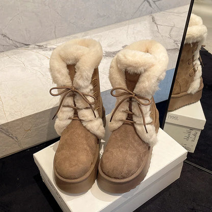 Comemore Women’s Winter Fur Snow Boots – Lace-Up Fluffy Plush Platform Ankle Boots with Thick Cotton Padding