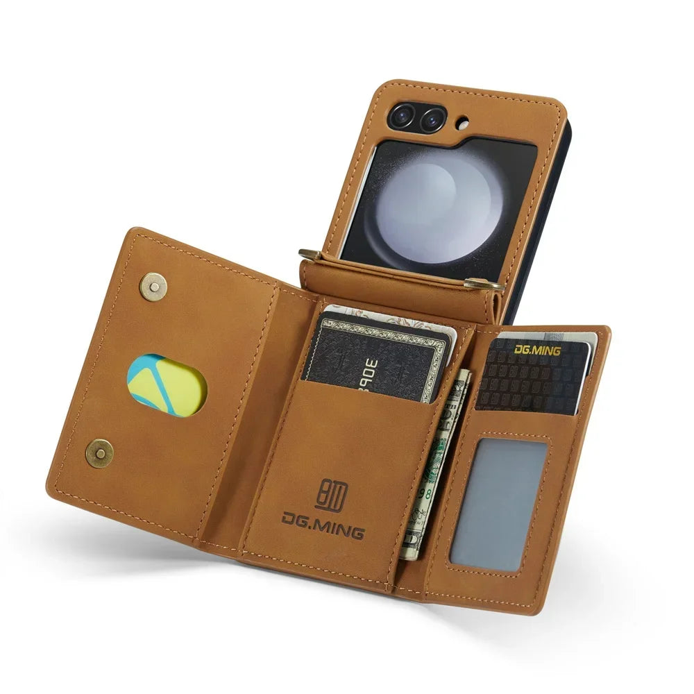 DG.Ming Retro Leather Wallet Case for Samsung Galaxy Z Flip 5/4/3: Magnetic Closure with Trifold Wallet Holder - Stylish Protection for Your Device