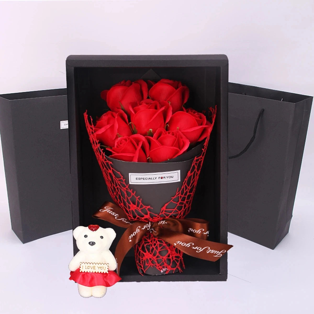 Handmade 7 Rose Soap Bouquet with Little Bear Gift Box – Creative Valentine’s, Mother’s Day & Birthday Flower Gift
