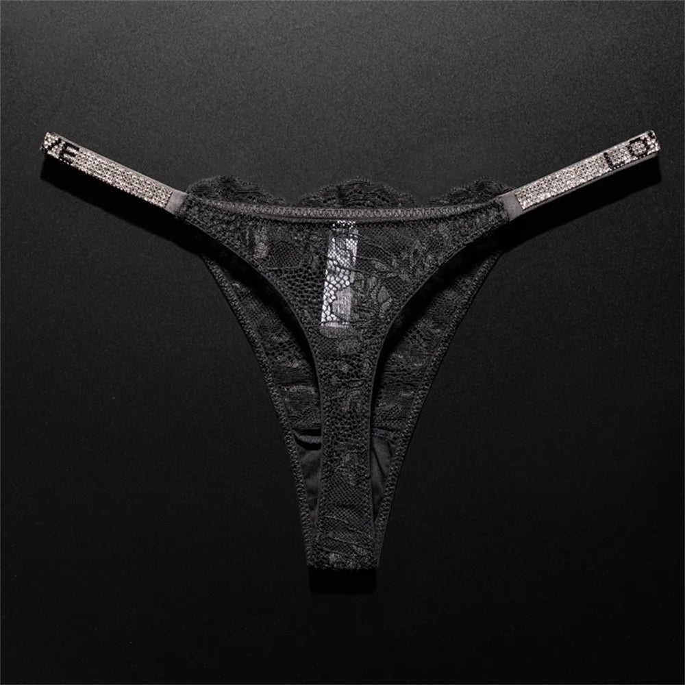 Women's Crystal Lace Thong - Sheer Transparent Breathable T-Back Lingerie Plus Size S-XL