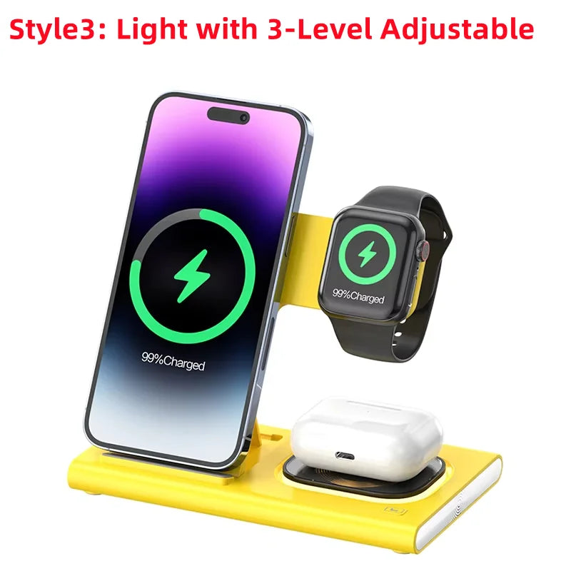 200W 3-in-1 Wireless Charging Stand – Foldable Fast Charging Dock for iPhone 16-8, Apple Watch & AirPods
