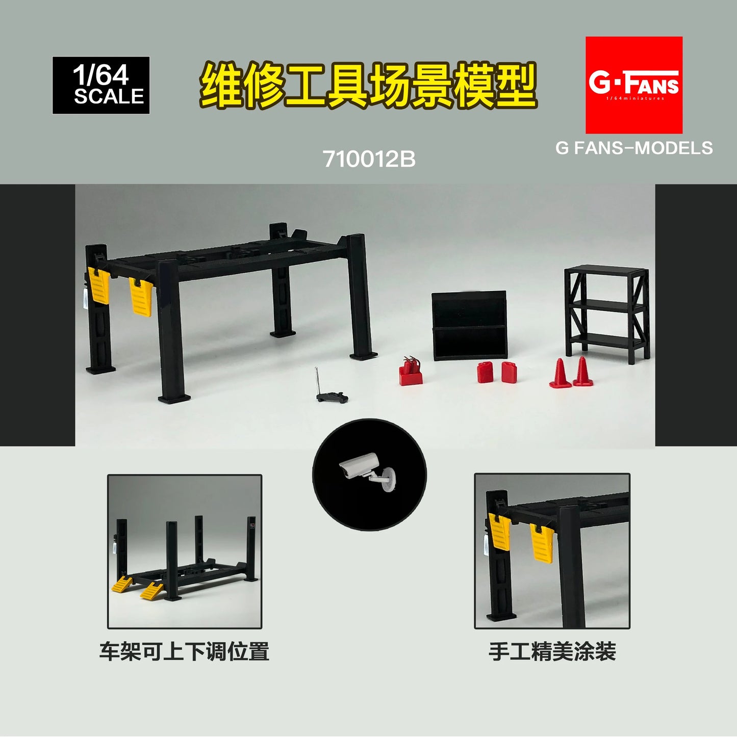 G Fans-Models 1/64 Repair Tool Set – Model Garage Lift & RWB Tools Scene Kit 710011 710012