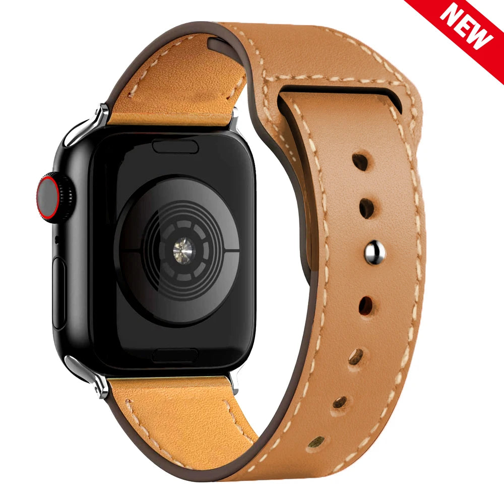Leather Band for Apple Watch Ultra 2 – Compatible 49mm/45mm/44mm/41mm/40mm/38mm, Wrist Bracelet Strap for iWatch Series 3–9, SE, 4, 5, 6, 7, 8 & 9