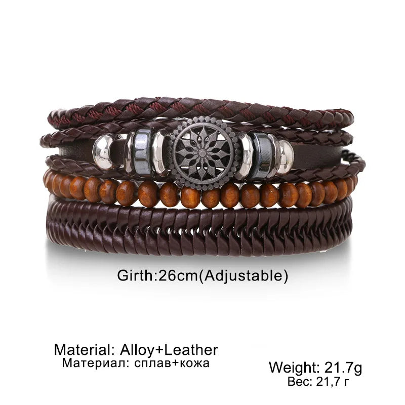 4Pcs Men's Braided Leather Bracelets Set – Vintage Life Tree & Rudder Charms, Wood Beads, Ethnic Tribal Wristbands