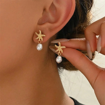 Ocean Style Asymmetric Earrings - Starfish Shell Pearl Zircon Stud Jewelry Gift for Women