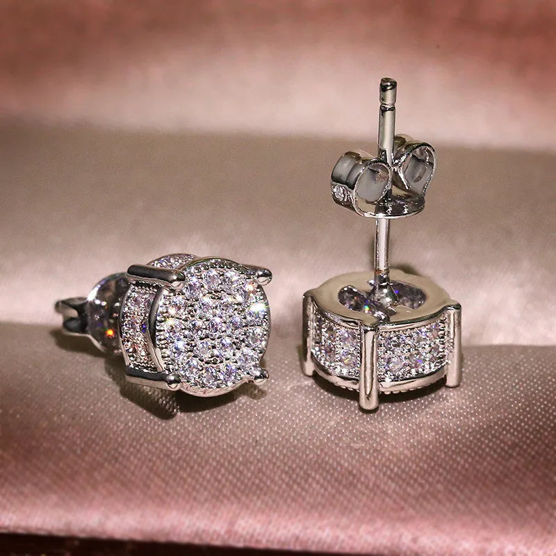 Austrian Crystal Round Stud Earrings - White Zircon Gold Tone Hip Hop Wedding Jewelry for Women