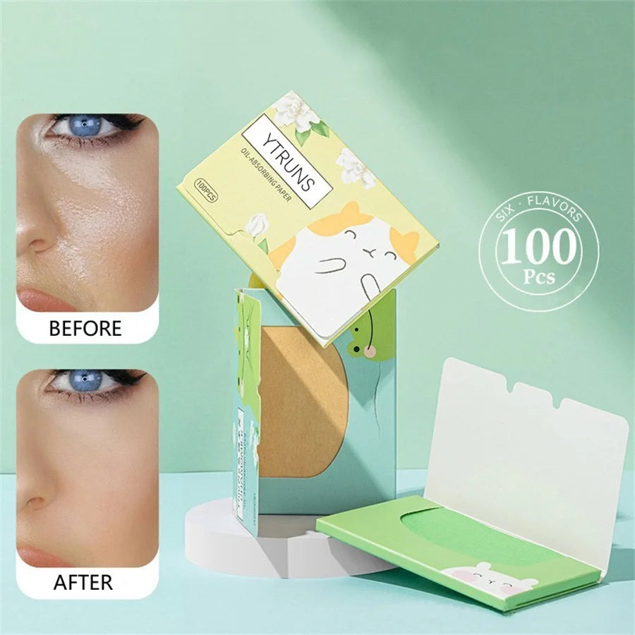 100pcs Fragrance Oil-Absorbing Face Paper - Green Tea, Gardenia, Chamomile, Lavender, Rose & Bamboo Charcoal Blotting Sheets