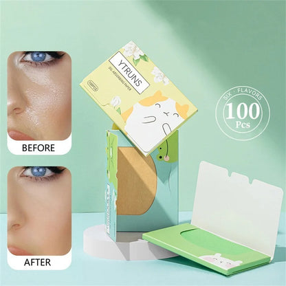 100pcs Fragrance Oil-Absorbing Face Paper - Green Tea, Gardenia, Chamomile, Lavender, Rose & Bamboo Charcoal Blotting Sheets