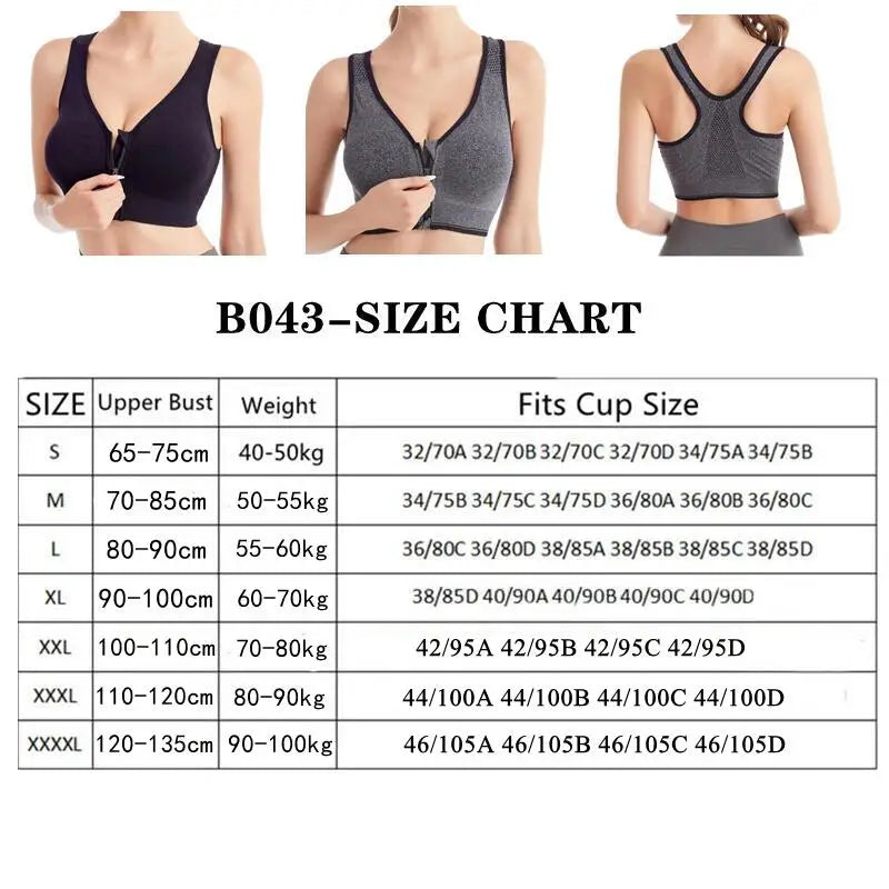 Women's Running Sports Bra – Front Zipper, Shockproof, Seamless & Breathable Bralette Without Underwire