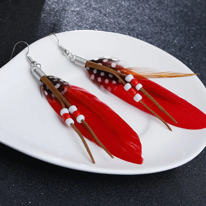 Red Feather Tassel Earrings - Bohemian Beaded Fashion Jewelry Accessories for Women