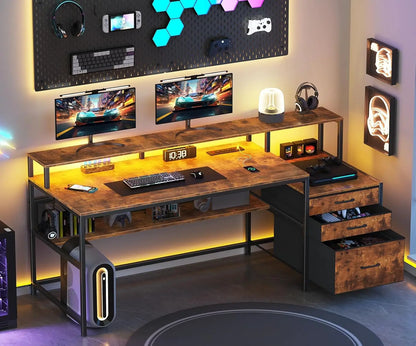 66" Computer Desk with LED Lights & Power Outlets – Home Office Desk with 3 Drawers, Storage Shelf & Gaming Desk