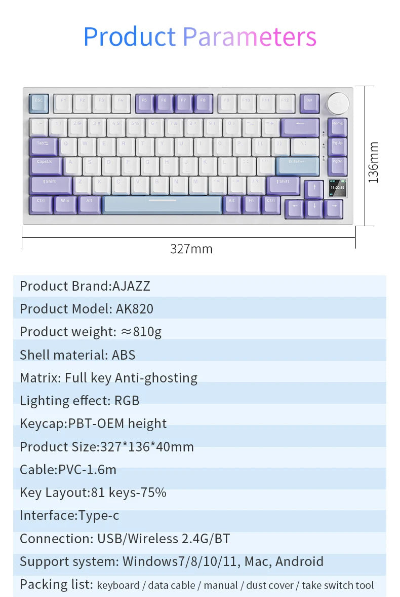 AJAZZ AK820/AK820 Pro Mechanical Gaming Keyboard – TFT Screen, Multifunction Knob, Wired/2.4G/Bluetooth Connectivity for PC