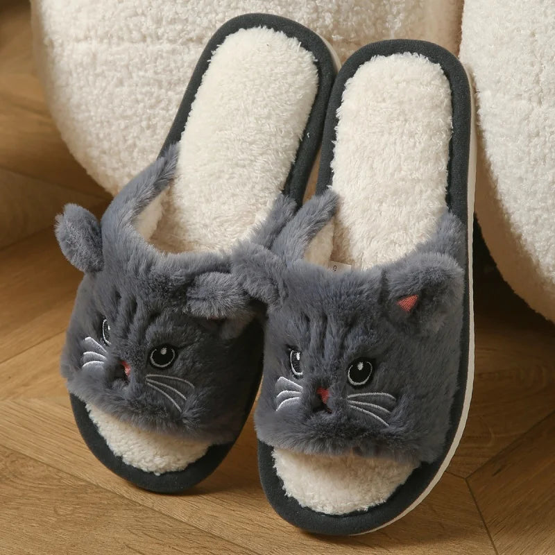 Cute Cat Plush Flip Flops - Warm Fuzzy Cartoon Animal Indoor House Slippers