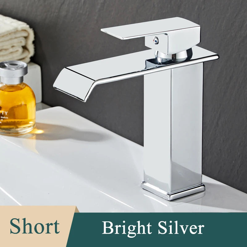 Bathroom Basin Sink Faucet - Deck Mount Waterfall Spout Tap with Single Handle, Hot & Cold Water Mixer for Vanity Washbasin