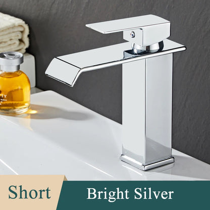 Bathroom Basin Sink Faucet - Deck Mount Waterfall Spout Tap with Single Handle, Hot & Cold Water Mixer for Vanity Washbasin