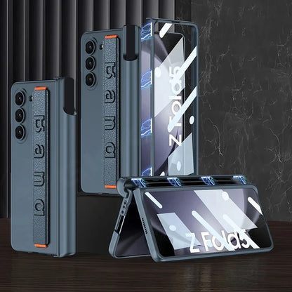 Magnetic Hinge Wrist Strap Case with Pen Slot & Screen Glass for Samsung Galaxy Z Fold 6/5/4/3 – Hard Protective Cover