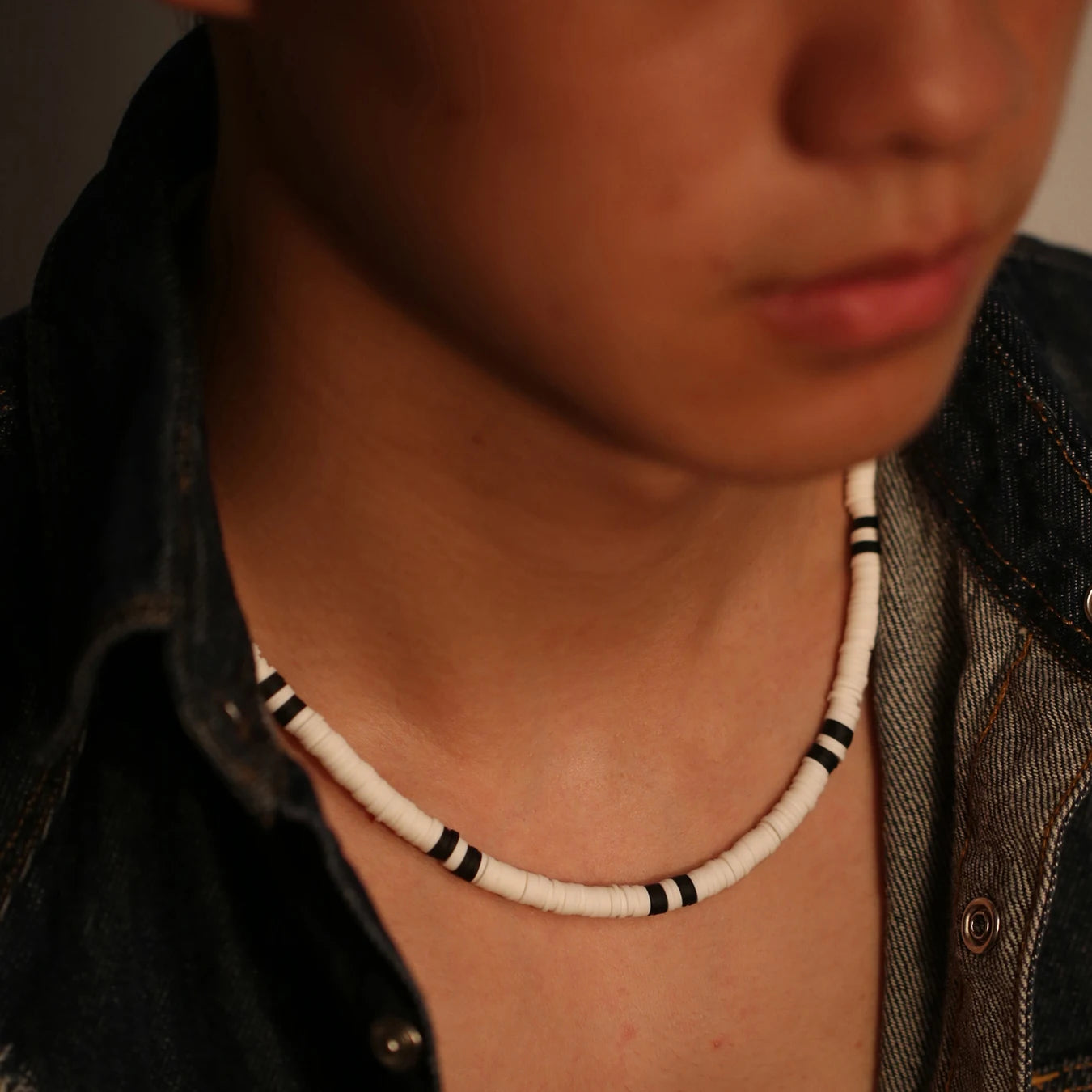 Bohemian White & Black Polymer Beads Necklace – Unisex Collar for Men and Women