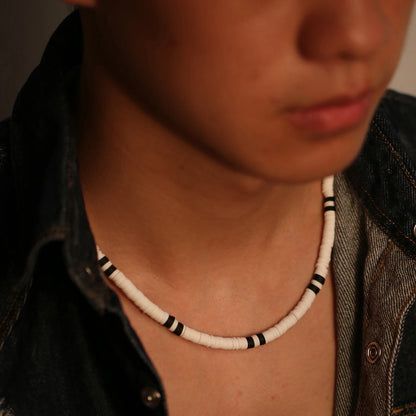 Bohemian White & Black Polymer Beads Necklace – Unisex Collar for Men and Women