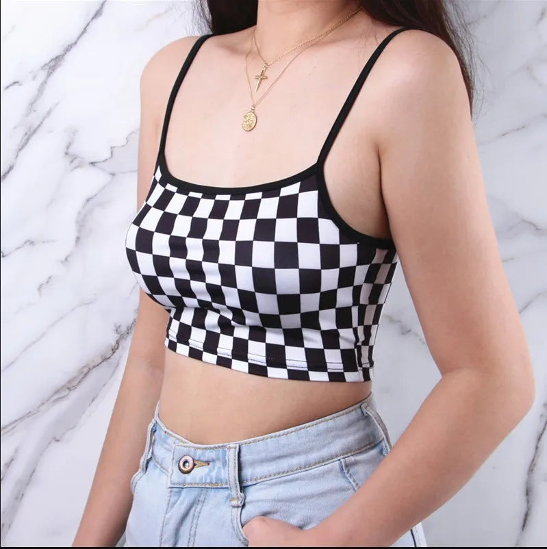 Women's Black Red Plaid Checkerboard Halter Crop Top – Sleeveless Bare Midriff Cami Tank