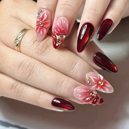 24PCS Strawberry Bow Press On Nails - Red Short Almond Pearl Starlight Floral False Nail Art Tips