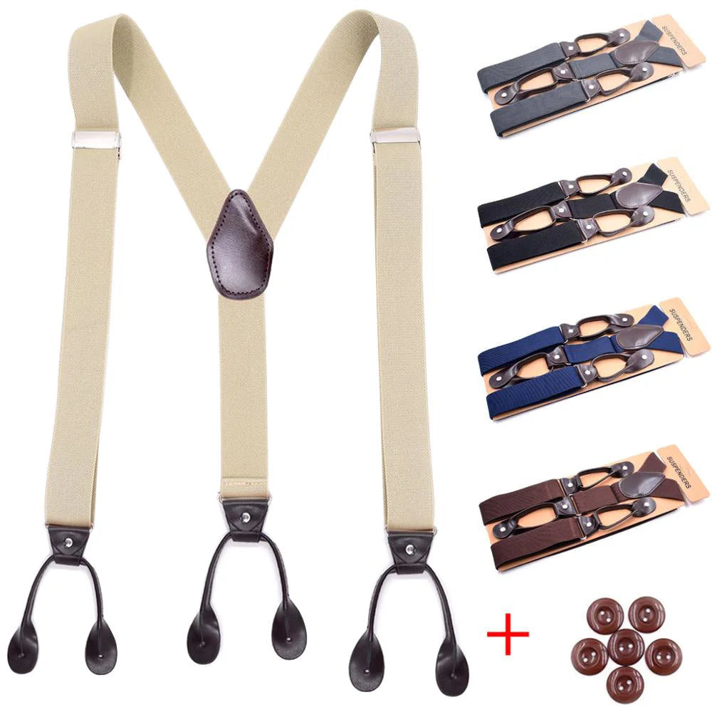 Vintage Leather Trimmed Suspenders | Men Women Adult | Button End Y-Back | Adjustable Elastic Trouser Braces Straps | Wedding Party Belt
