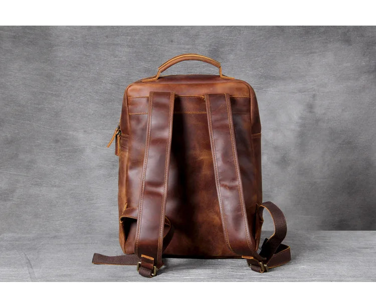 Vintage Crazy Horse Leather Backpack for Men — 17" Laptop Travel Rucksack Cowhide Hiking Bag M815