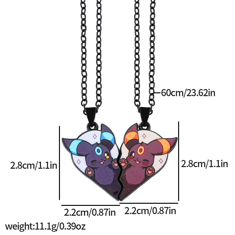 Eevee Pendant Necklace - 2-Piece Cute Cartoon Heart Patchwork Anime-Style Metal Jewelry Set