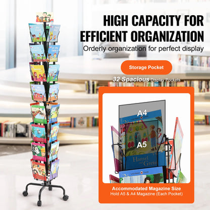 SucceBuy 32-Pocket Rotating Greeting Card & Brochure Display Rack – 360° Postcard Stand for Office, Shop & Exhibitions