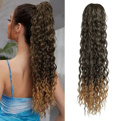24" Long Curly Wave Drawstring Ponytail Extension – Heat Resistant Synthetic Clip-In Hairpiece for Women & Girls