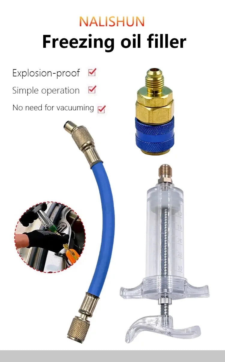 Car A/C Oil & Dye Injector 30ml - R-134a Refrigerant Filling Tool with 1/4 SAE Quick Coupler Adapter