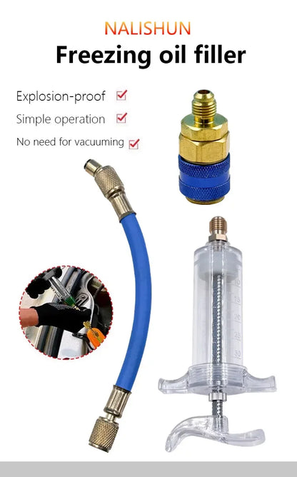 Car A/C Oil & Dye Injector 30ml - R-134a Refrigerant Filling Tool with 1/4 SAE Quick Coupler Adapter