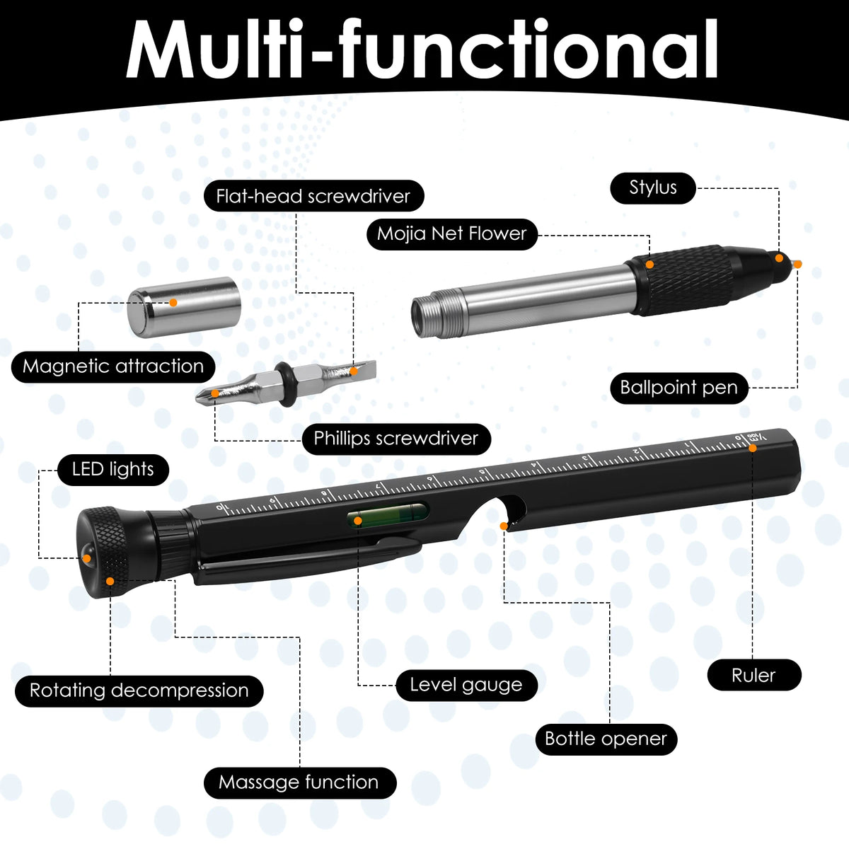 12-in-1 EDC Multitool Pen - LED Light, Level, Bottle Opener, Stylus & Screwdriver for Men
