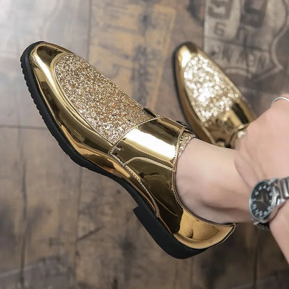 Men’s Gold Patent Leather Moccasins - Pointed Toe Luxury Business & Formal Dress Shoes