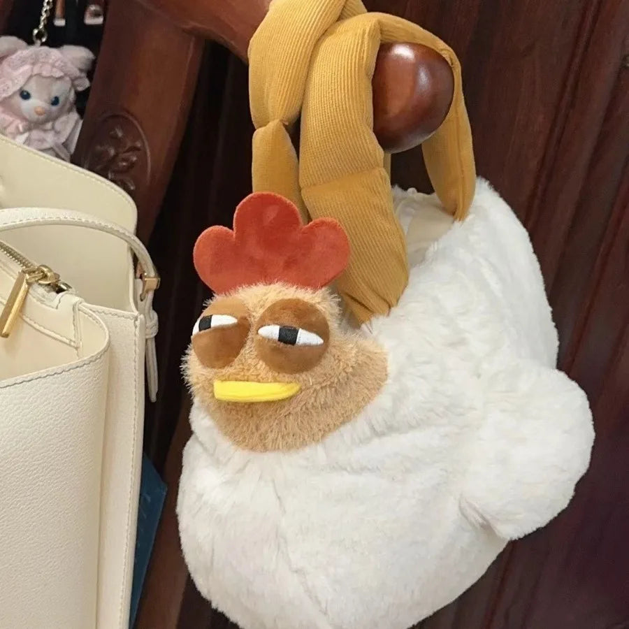 Fur Chicken Plush Bag – Funny Ugly Hen Shaped Handbag, Kawaii Satchel Purse with Pendant Keychain for Women Birthday Gifts