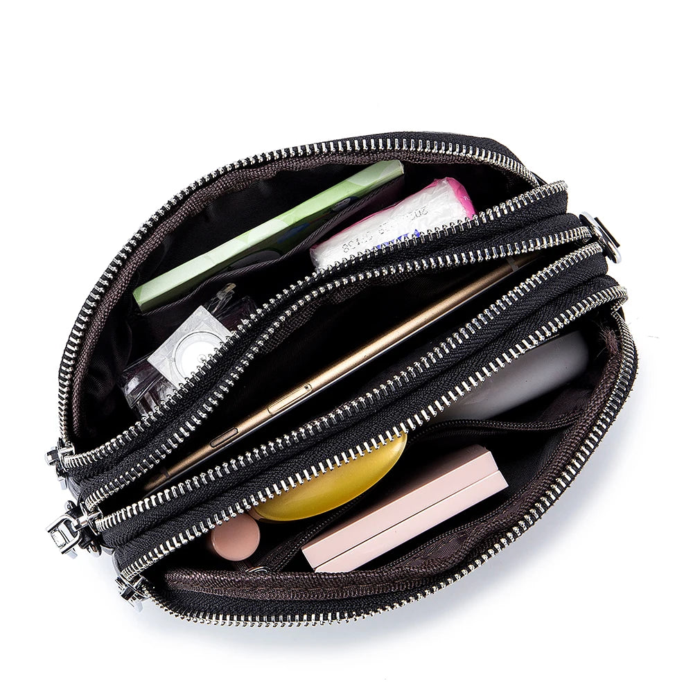 Real Leather Women’s Shoulder Bag - Mini Crossbody Purse with Three Zipper Pockets