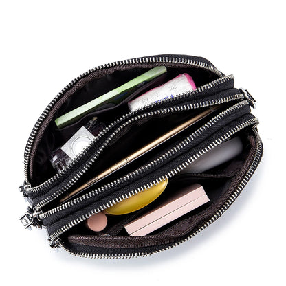 Real Leather Women’s Shoulder Bag - Mini Crossbody Purse with Three Zipper Pockets