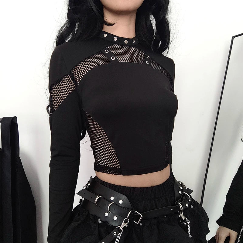 CIBBAR Gothic Black Crop Top - Chic See-Through Mesh Patchwork, Full Sleeve Skinny Basic T-Shirt for Women, Punk Style Stitched