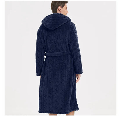 Men’s Fall & Winter Warm Hooded Robe – Thickened Cotton Velvet Jacquard Homewear for Couples