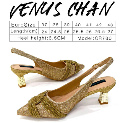 Venus Chan Women’s Champagne Shoe & Bag Set - Rhinestone Heels and Handbag for Nigerian Parties & Weddings