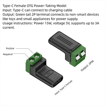 USB-C to 2-Pin Terminal Adapter - Solderless Screw-Type 5V Charging Connector, Green, 1–4 Pack