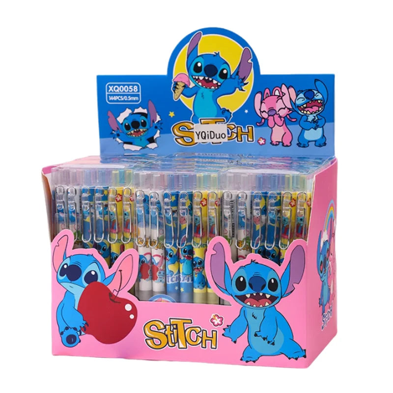 Disney 12pcs Stitch Gel Pens - Cute Cartoon 0.5mm Black Ink Pressing Pen, Stationery Gift for Students & Kids